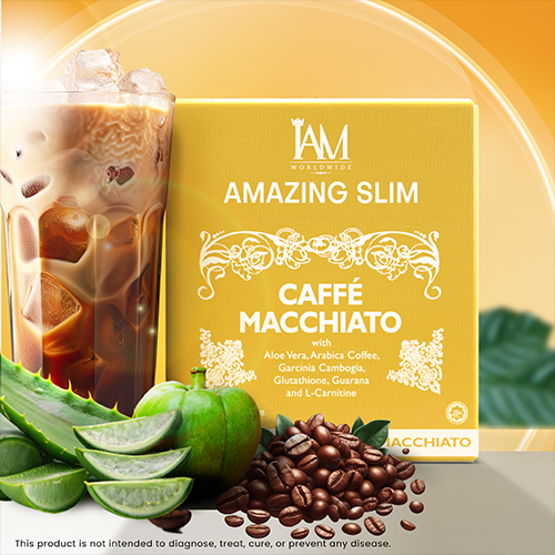 Amazing Slim Caffe Macchiato product flat lay with coffee